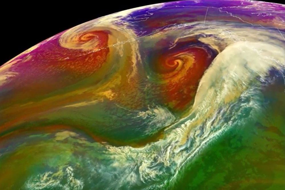 This GOES-17 (GOES West) air mass RGB imagery shows a hurricane-force low (the remnants of Super Typhoon Hagibis) over the Bering Sea and a storm-force low over the Gulf of Alaska