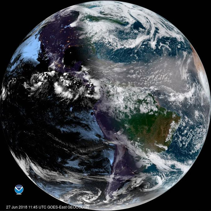 GOES-16 (GOES East) full disk GeoColor image from June 27, 2019, shows Saharan dust blowing across the Atlantic
