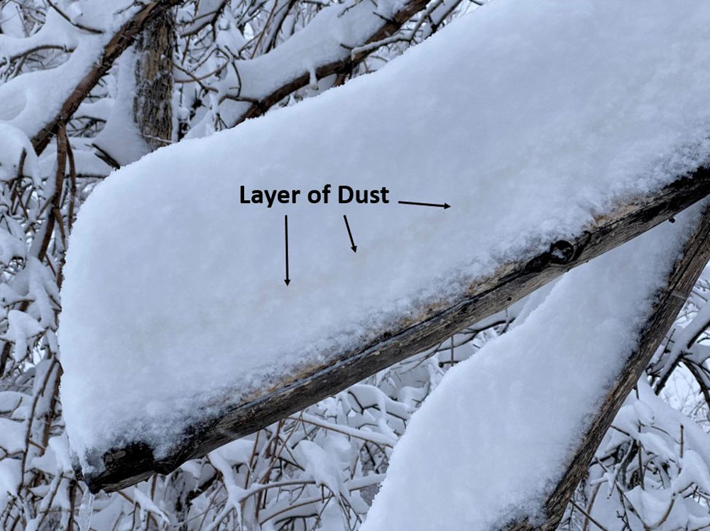 Layer of dust in the snow captured at the National Weather Service office in Boulder, Colorado. Image courtesy of NWS Boulder.