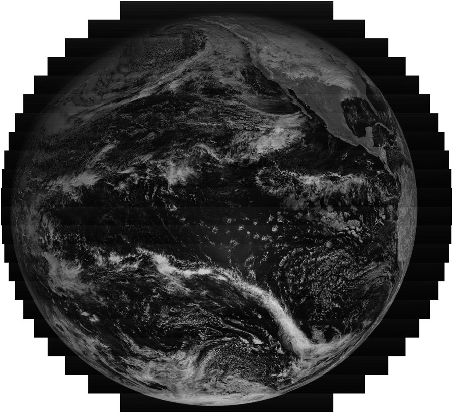 GOES-17 raw, uncalibrated image swaths of the full disk from the “red” portion of the electromagnetic spectrum on December 15, 2019. Credit: NOAA