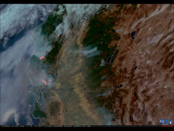 GOES-16 geocolor and fire temperature RGB imagery of fires raging in California