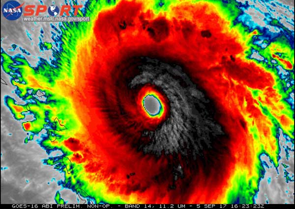 GOES-16 colorized infrared imagery of category 5 Hurricane Irma 