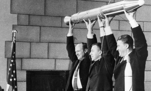 The three men behind the successful launch of Explorer 1 on January 31, 1958: Dr. William H. Pickering (left), Dr. James A. van Allen (center) and Dr. Wernher von Braun (right).