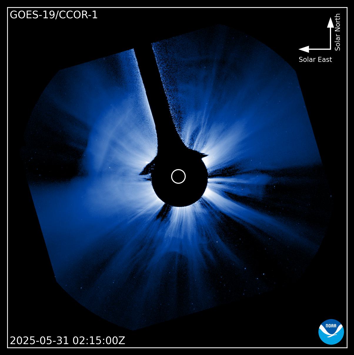 CCOR-1 imagery of a CME that triggered a severe geomagnetic storm warning for Earth on May 31, 2025