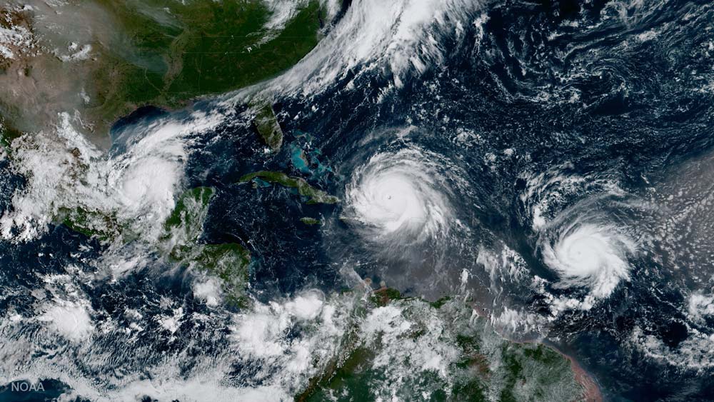 an image of three hurricanes in the Atlantic on Sept. 18, 2017: Irma, Jose and Katia