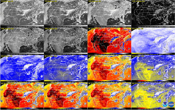 This 16-panel image shows a snapshot of the continental U.S. and surrounding oceans from each of the Advanced Baseline Imager channels at 1802 UTC on July 29, 2018, during a time when the detectors are “cool.” This includes, from top left to bottom right, two visible channels, four near-infrared channels, and ten infrared channels. A number of features can be seen in this image, including clouds over the mid-Mississippi region and off both coasts, the warm land temperatures over the Western U.S., and atmospheric moisture.