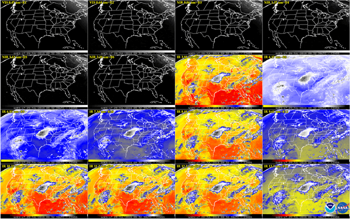 This 16-panel image shows a snapshot of the continental U.S. and surrounding oceans from each of the Advanced Baseline Imager channels at 0932 UTC on July 29, 2018, at the time of maximum detector temperatures. This includes, from top left to bottom right, two visible channels, four near-infrared channels, and ten infrared channels. A number of features can be seen in this image, including clouds over the mid-Mississippi region and off both coasts, the warm land temperatures over the Western U.S., and atmospheric moisture.