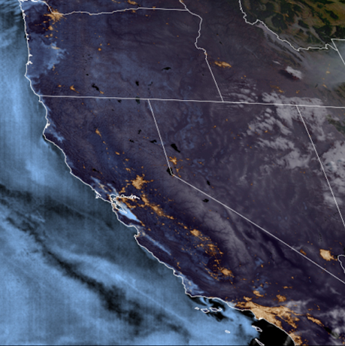The “barcode artifact” can be seen in low liquid water clouds (colored blue) at night in this GOES-18 GeoColor product from July 21, 2022.
