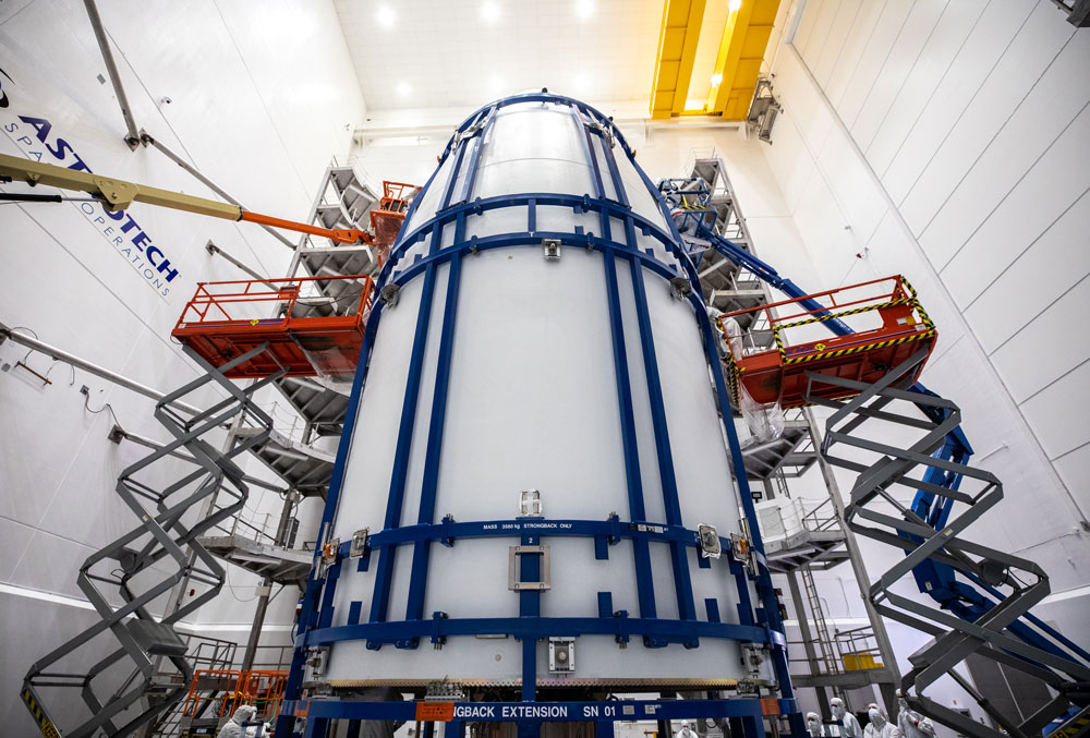 The United Launch Alliance Atlas V payload fairings are secured around the GOES-T satellite inside the Astrotech Space Operations facility in Titusville, Florida, on Feb. 7, 2022. Photo credit: NASA/Ben Smegelsky